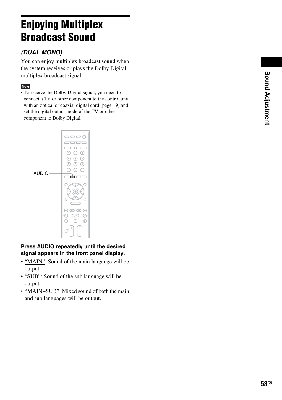 Enjoying multiplex broadcast sound | Sony 3-398-069-14(1) User Manual | Page 53 / 115