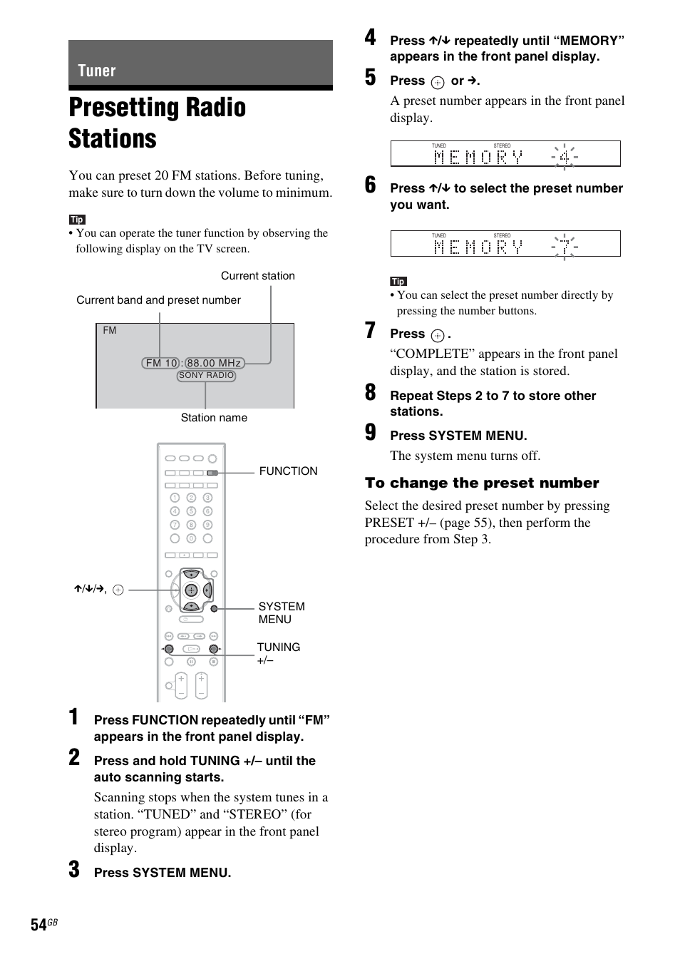 Tuner, Presetting radio stations | Sony 3-398-069-14(1) User Manual | Page 54 / 115