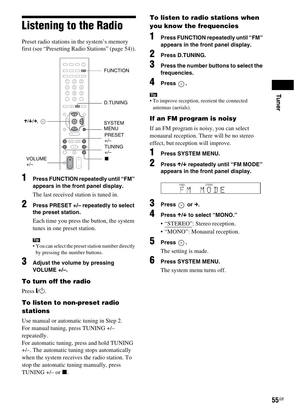 Listening to the radio | Sony 3-398-069-14(1) User Manual | Page 55 / 115