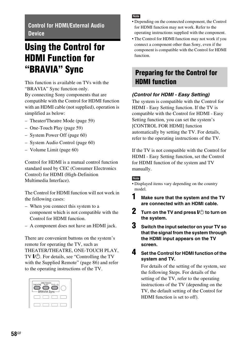 Control for hdmi/external audio device, Preparing for the control for hdmi function, Using the control for hdmi function for | Bravia” sync | Sony 3-398-069-14(1) User Manual | Page 58 / 115