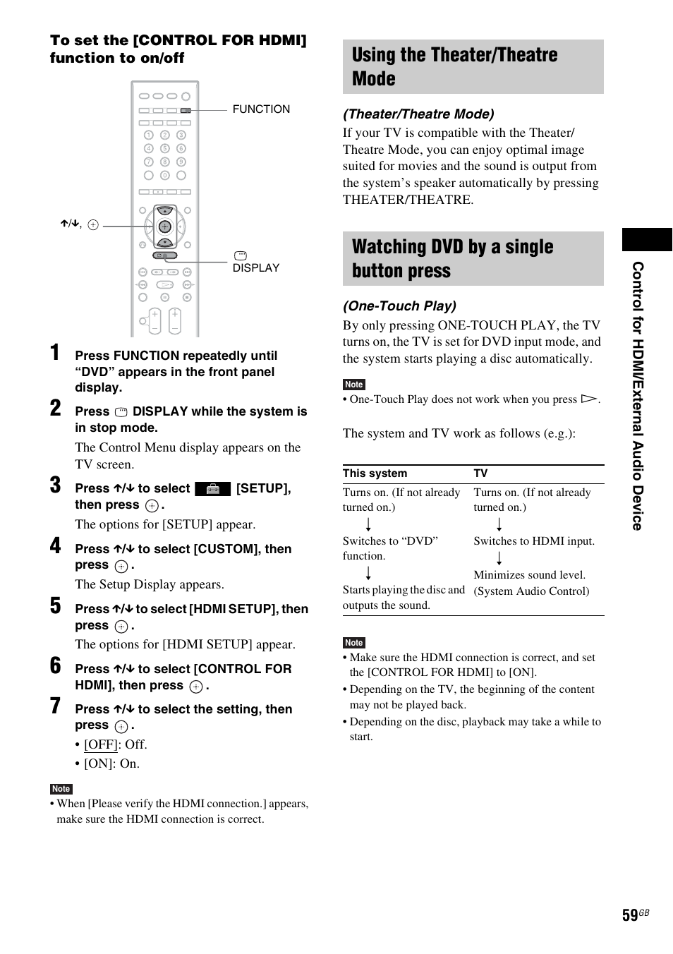Using the theater/theatre mode, Watching dvd by a single button press | Sony 3-398-069-14(1) User Manual | Page 59 / 115