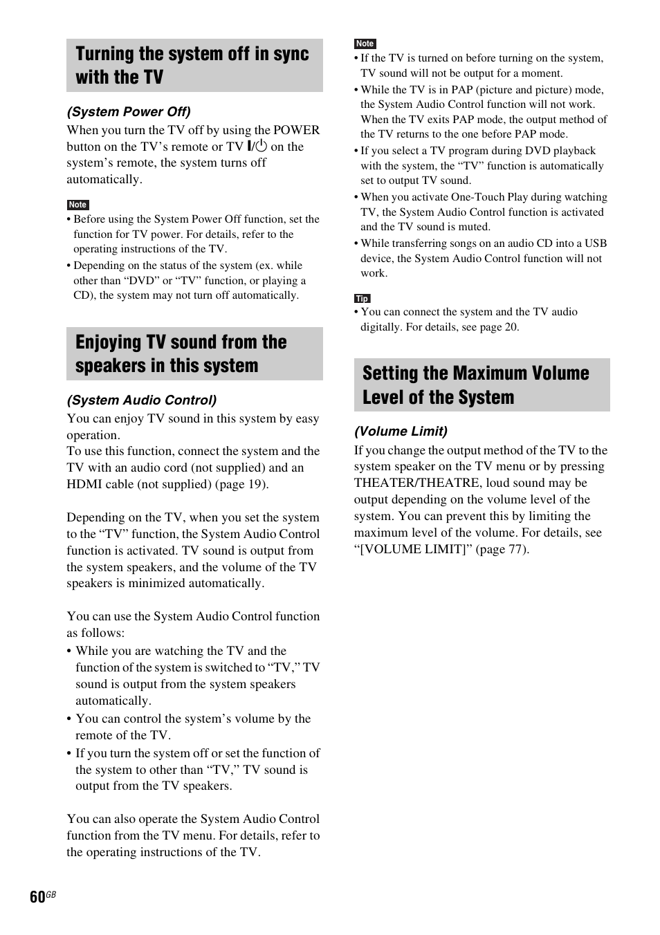 Turning the system off in sync with the tv, Enjoying tv sound from the speakers in this system, Setting the maximum volume level of the system | Sony 3-398-069-14(1) User Manual | Page 60 / 115