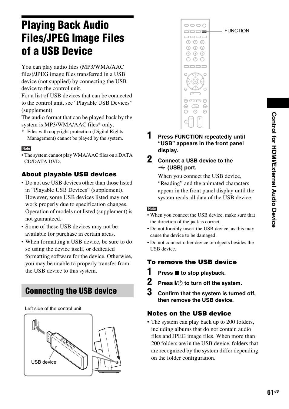 Connecting the usb device, Playing back audio files/jpeg image, Files of a usb device | Sony 3-398-069-14(1) User Manual | Page 61 / 115