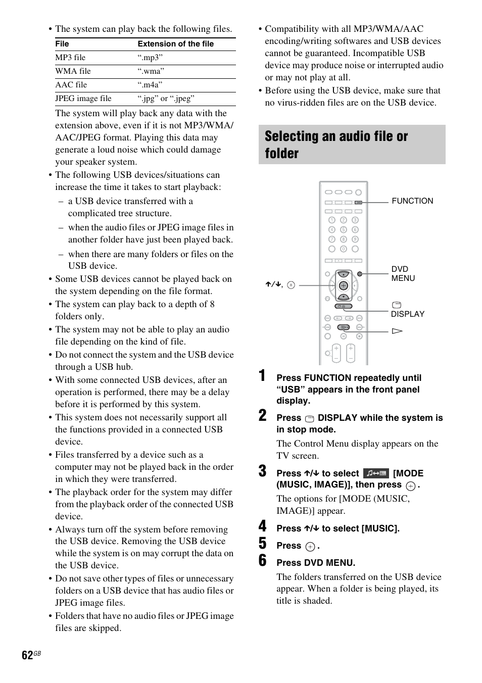 Selecting an audio file or folder | Sony 3-398-069-14(1) User Manual | Page 62 / 115