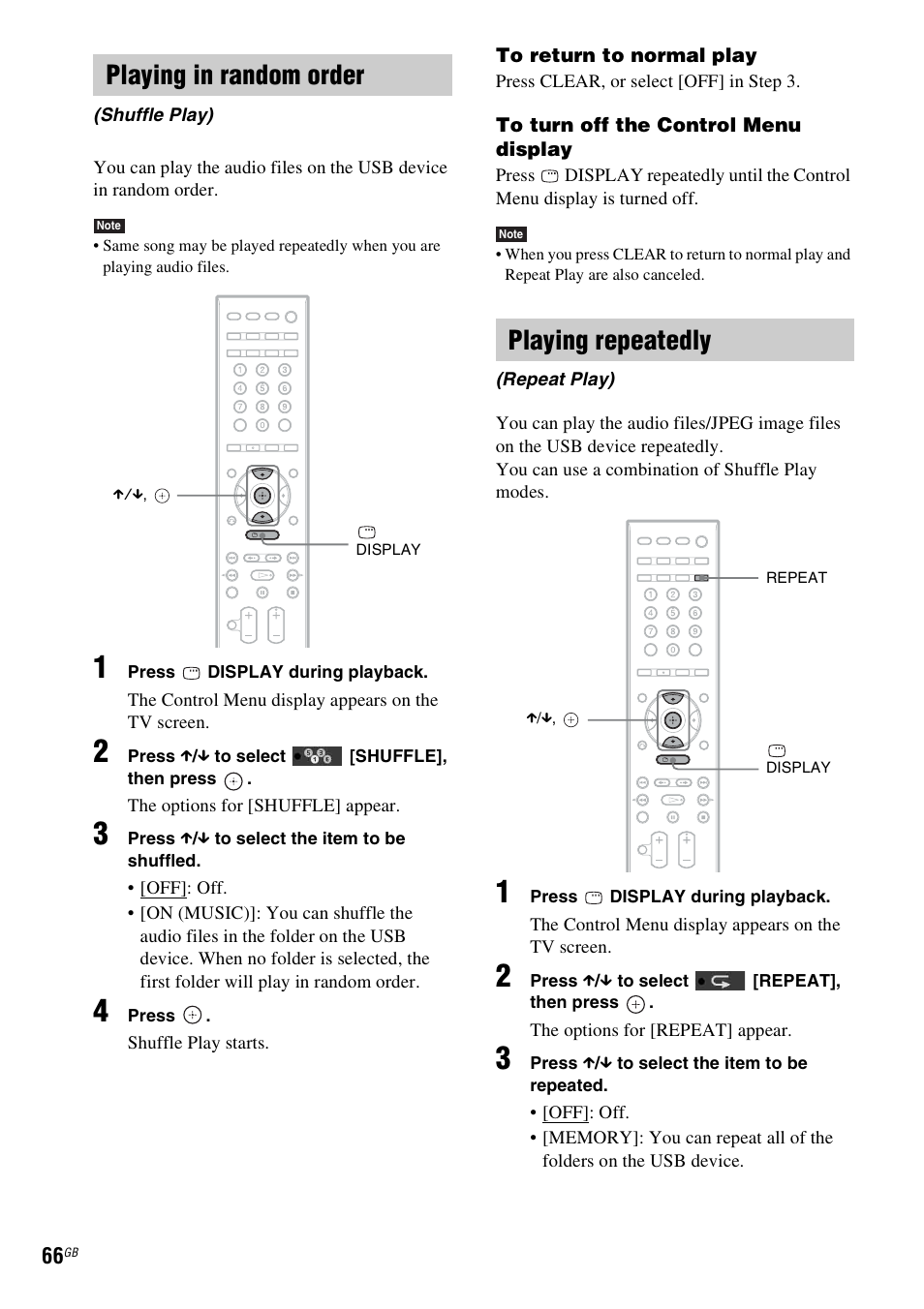 Playing in random order, Playing repeatedly | Sony 3-398-069-14(1) User Manual | Page 66 / 115