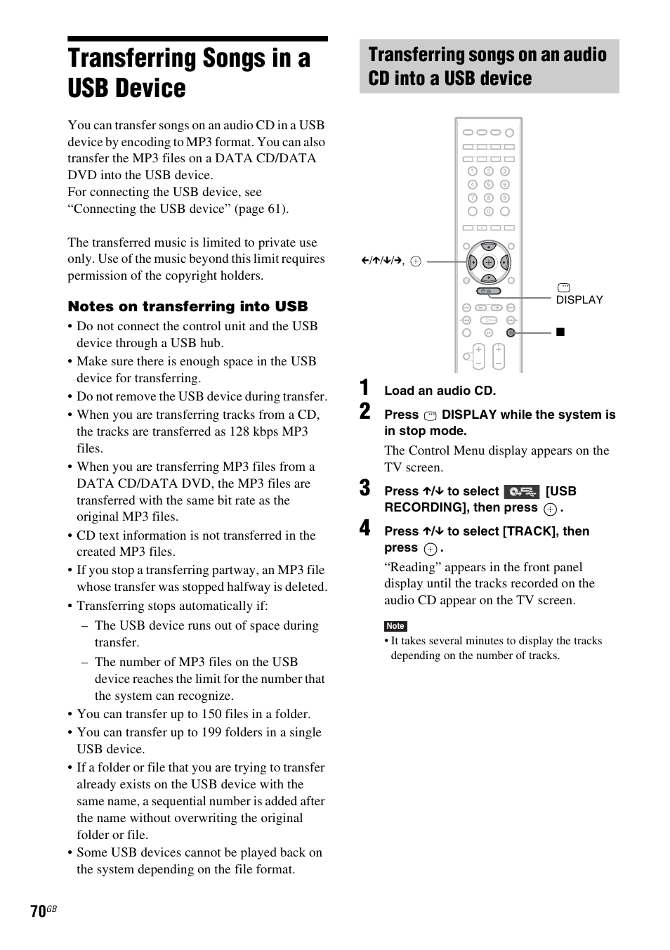 Transferring songs in a usb device | Sony 3-398-069-14(1) User Manual | Page 70 / 115