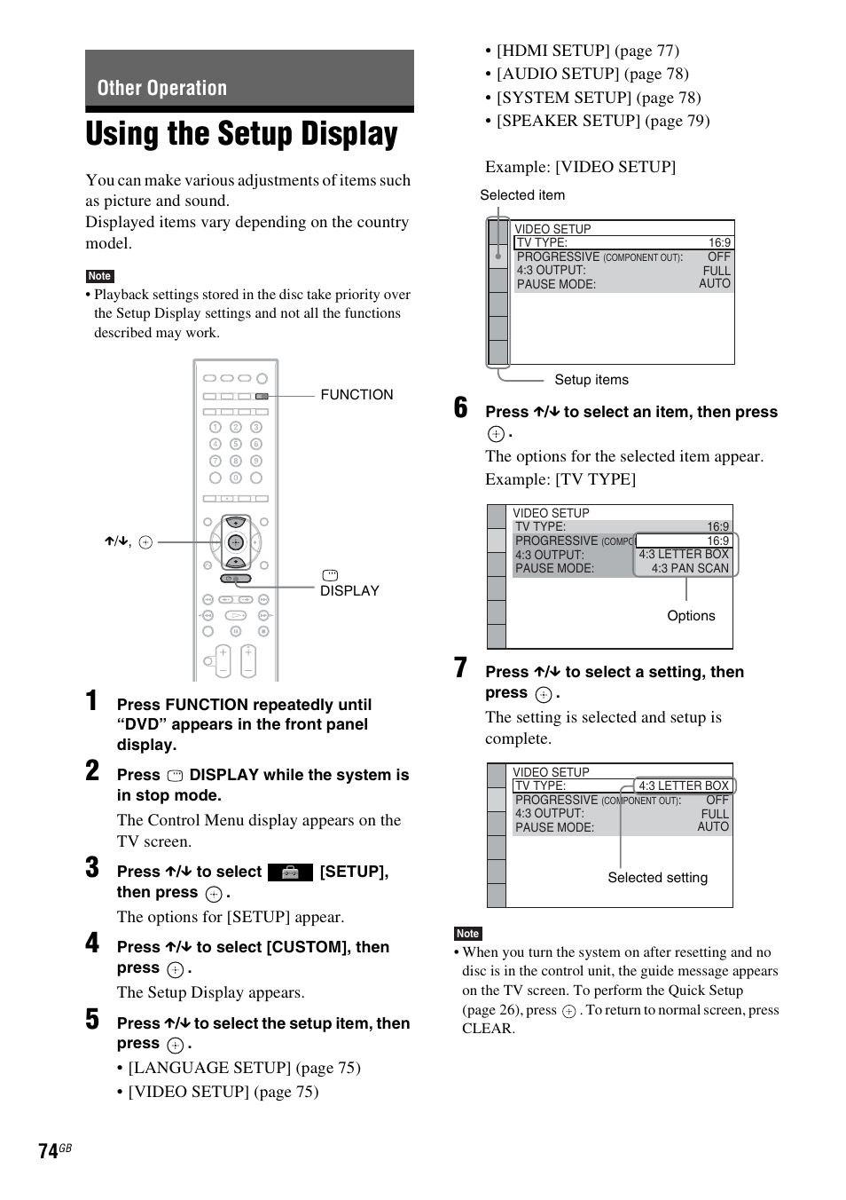 Other operation, Using the setup display, Using | Sony 3-398-069-14(1) User Manual | Page 74 / 115