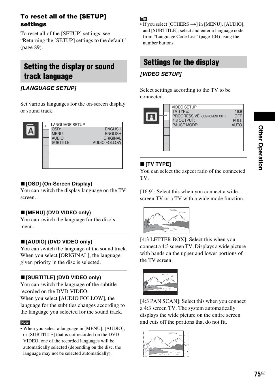 Setting the display or sound track language, Settings for the display | Sony 3-398-069-14(1) User Manual | Page 75 / 115