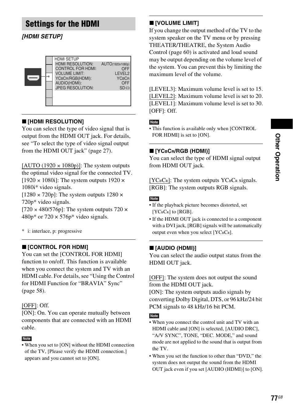 Settings for the hdmi, Oth e r op e ra tio n | Sony 3-398-069-14(1) User Manual | Page 77 / 115