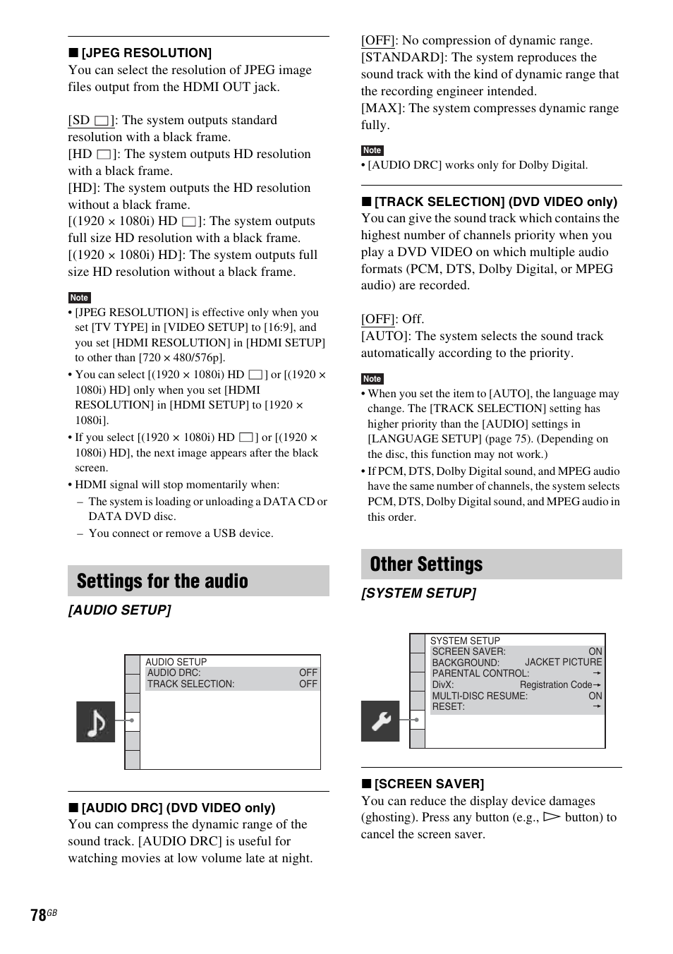 Settings for the audio, Other settings | Sony 3-398-069-14(1) User Manual | Page 78 / 115