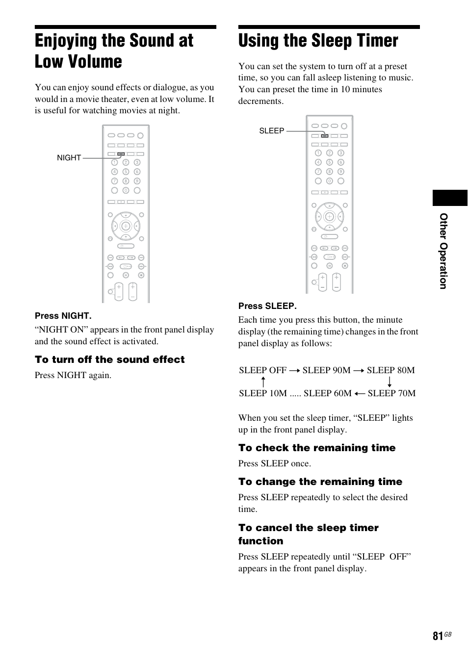 Enjoying the sound at low volume, Using the sleep timer | Sony 3-398-069-14(1) User Manual | Page 81 / 115