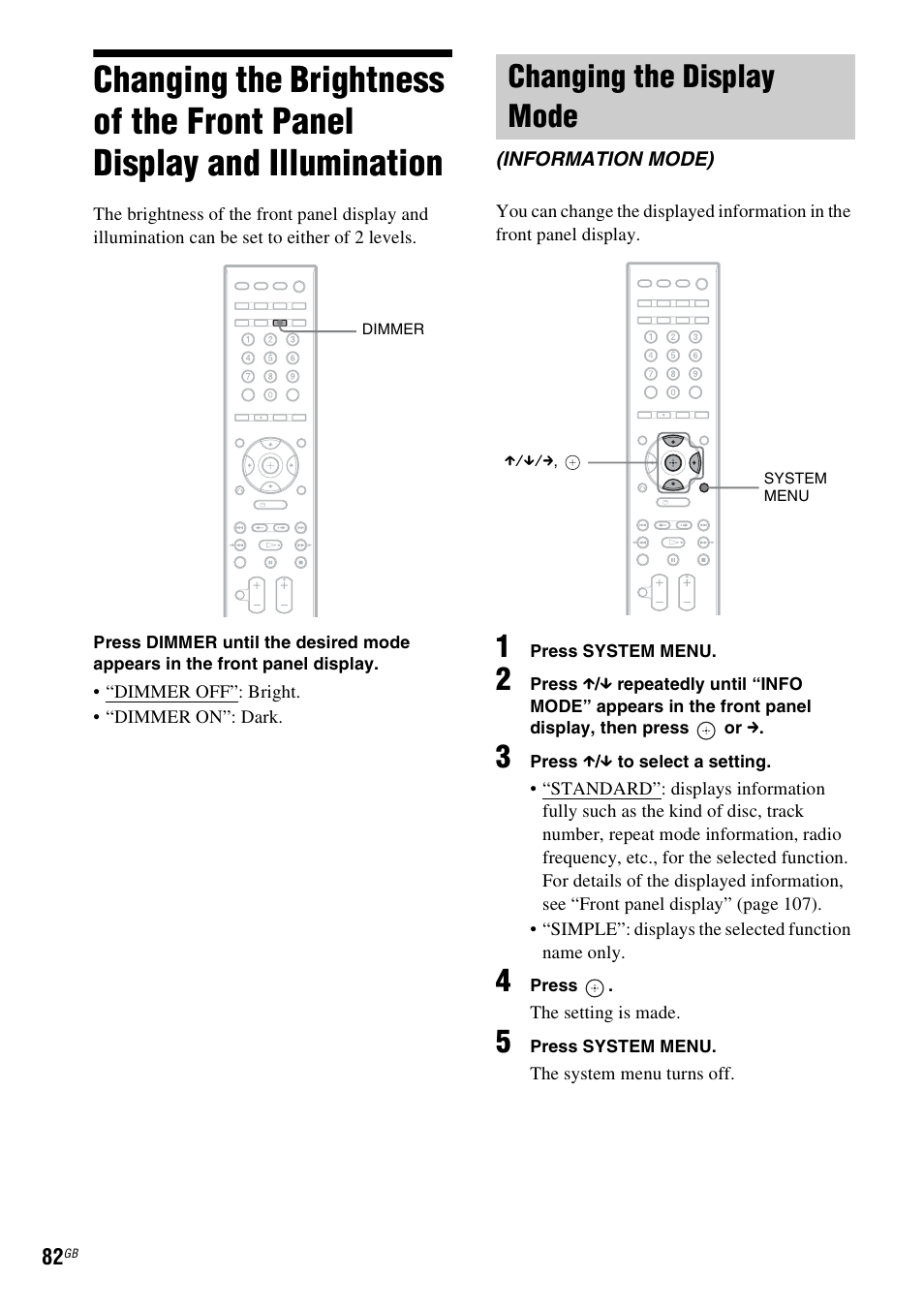 Changing the brightness of the front, Panel display and illumination, Changing the display mode | Sony 3-398-069-14(1) User Manual | Page 82 / 115