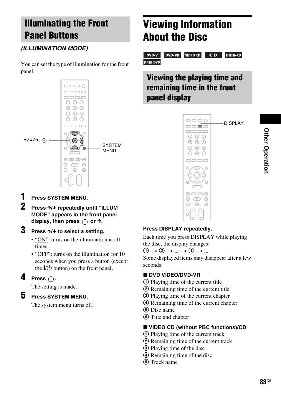 Viewing information about the disc, Illuminating the front panel buttons | Sony 3-398-069-14(1) User Manual | Page 83 / 115