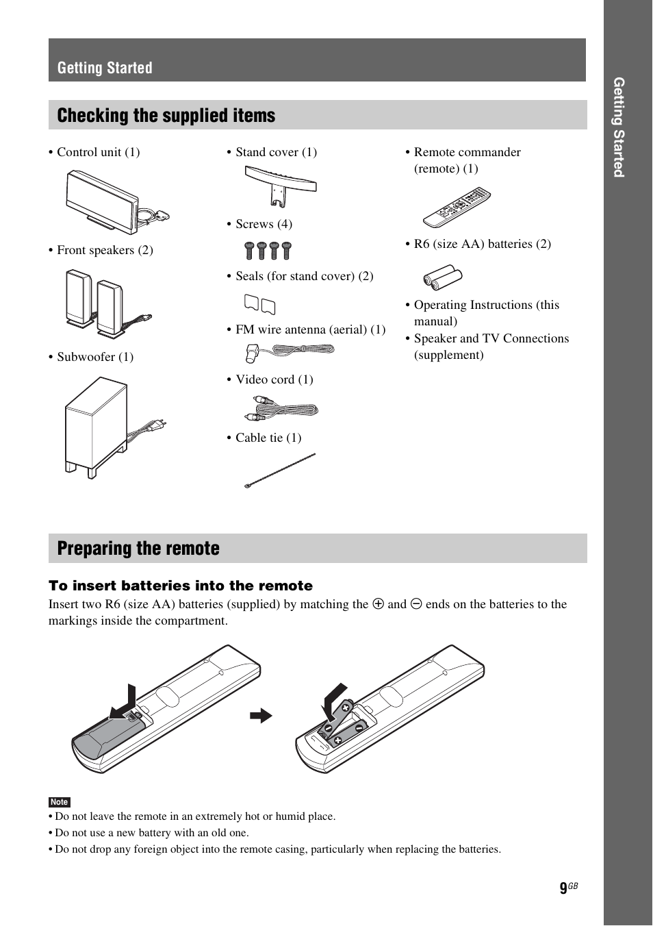 Getting started, Checking the supplied items, Preparing the remote | Sony 3-398-069-14(1) User Manual | Page 9 / 115