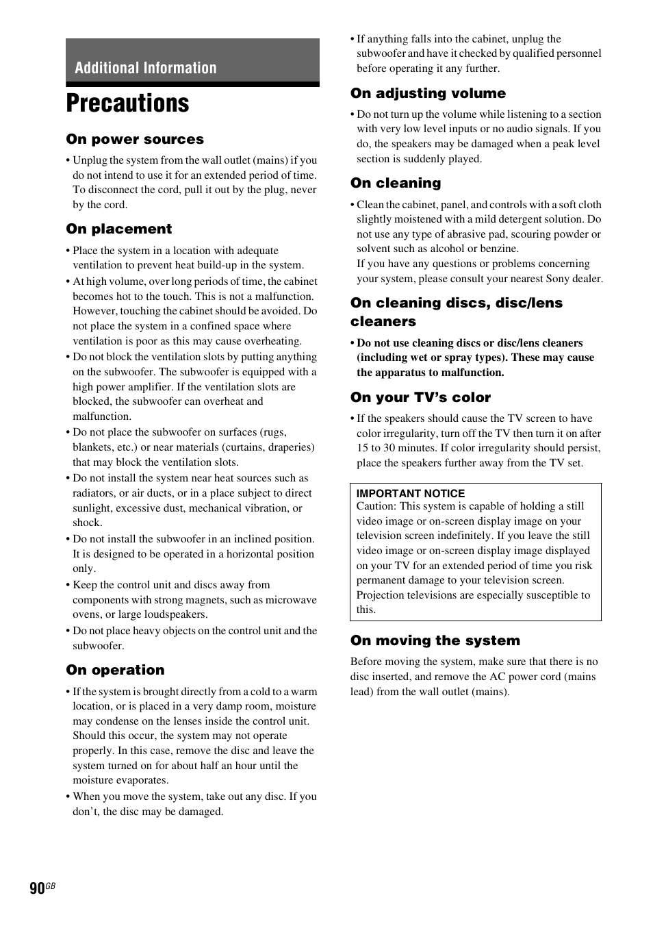 Additional information, Precautions | Sony 3-398-069-14(1) User Manual | Page 90 / 115