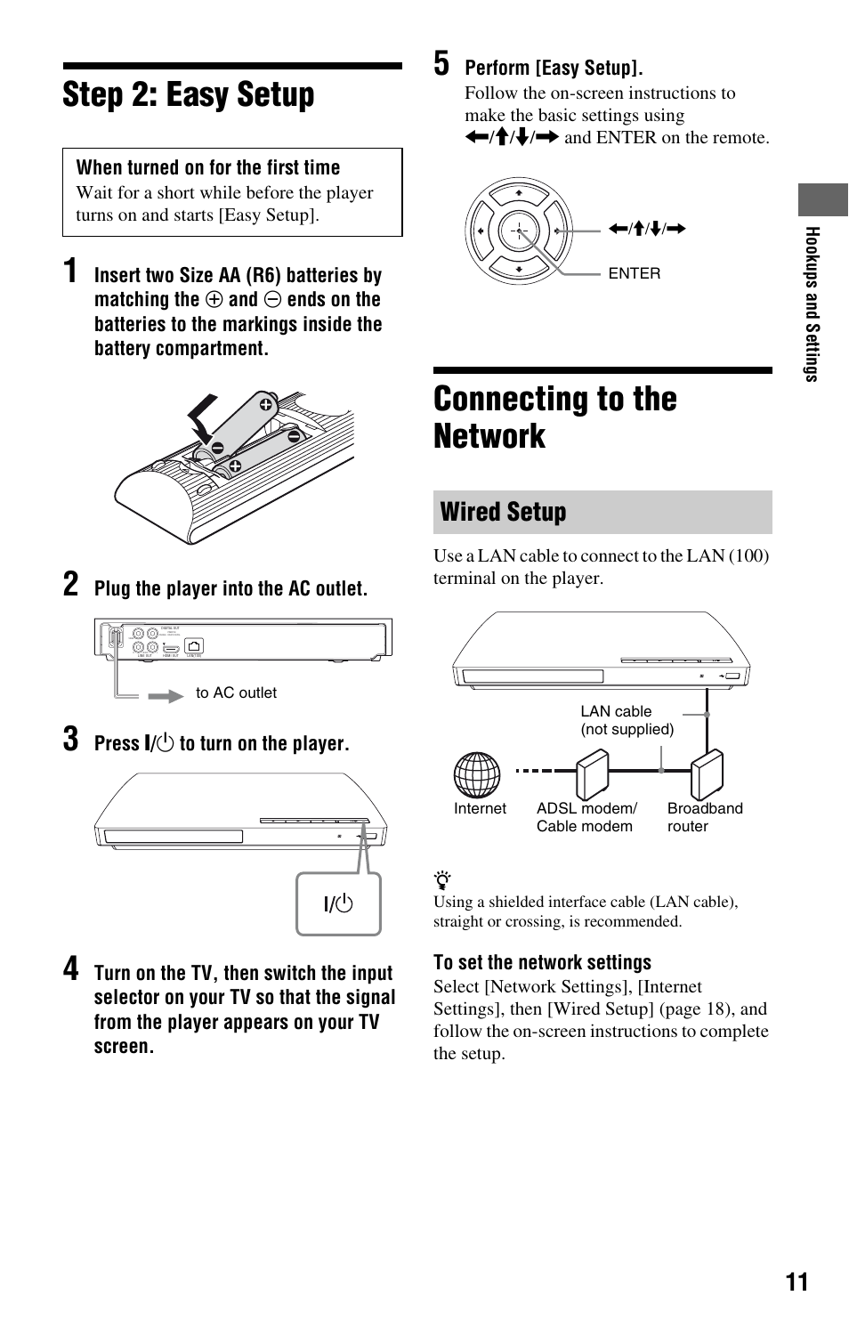 Step 2: easy setup, Connecting to the network, Wired setup | Step 2: easy setup connecting to the network, Step 2: easy setup 1 | Sony BX18 User Manual | Page 11 / 28