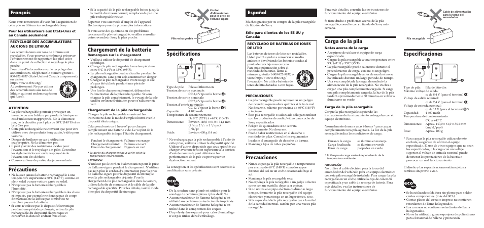 Especificaciones, Chargement de la batterie, Précautions | Spécifications, Precauciones, Carga de la pila, Français, Español | Sony MV-100BAT User Manual | Page 2 / 2