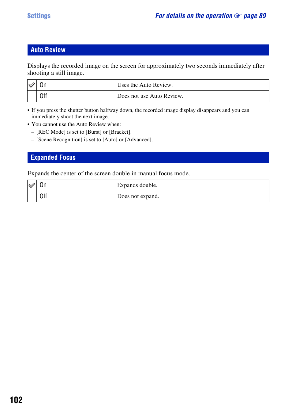 Auto review, Expanded focus | Sony Cyber-shot 3-295-460-12(1) User Manual | Page 102 / 154