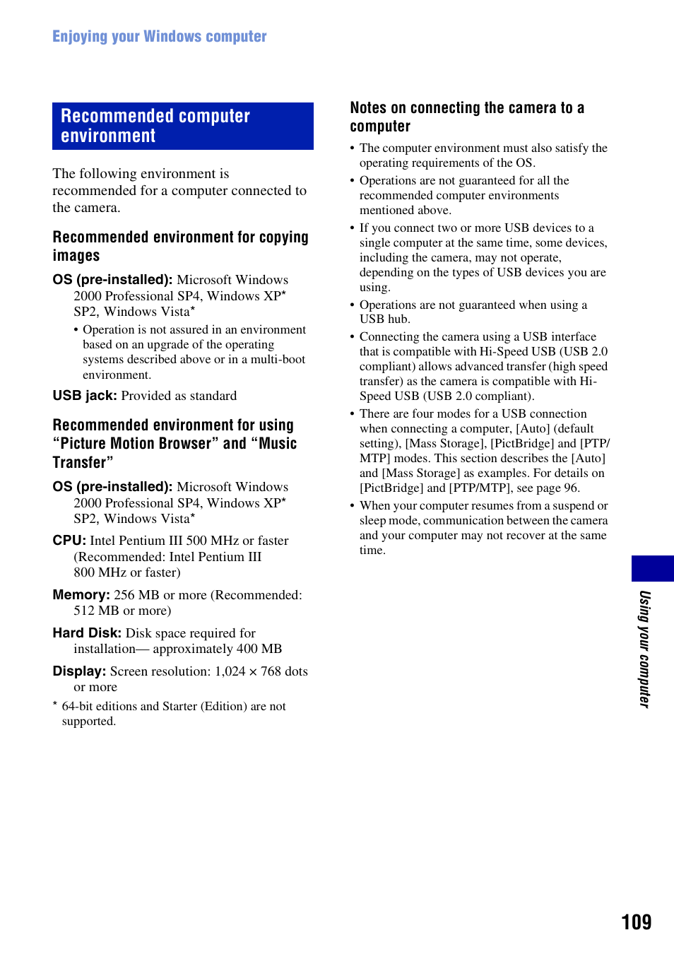 Recommended computer environment | Sony Cyber-shot 3-295-460-12(1) User Manual | Page 109 / 154