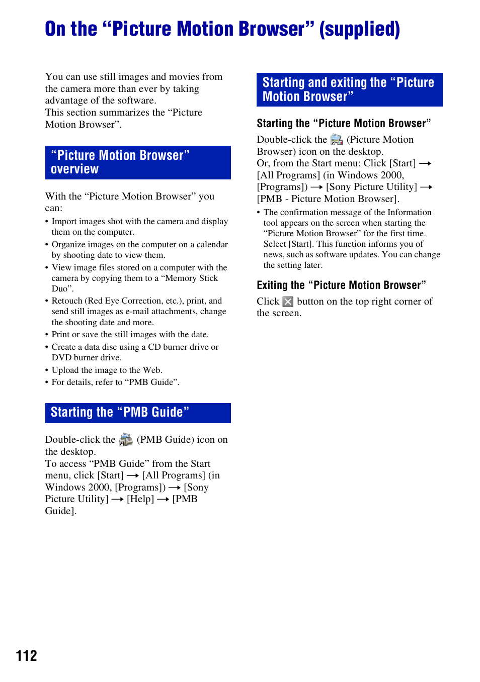 On the “picture motion browser” (supplied) | Sony Cyber-shot 3-295-460-12(1) User Manual | Page 112 / 154