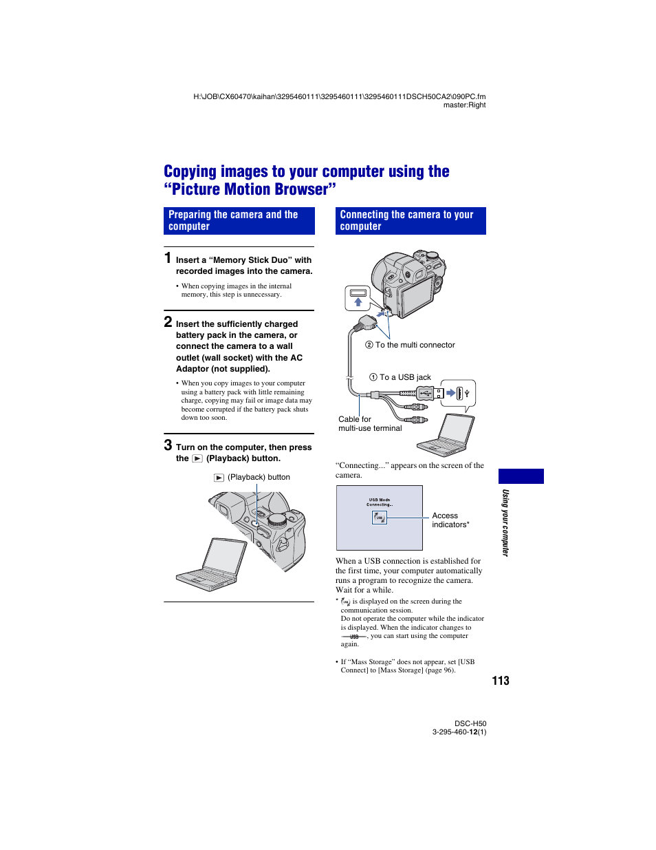 Preparing the camera and the computer, Connecting the camera to your computer | Sony Cyber-shot 3-295-460-12(1) User Manual | Page 113 / 154