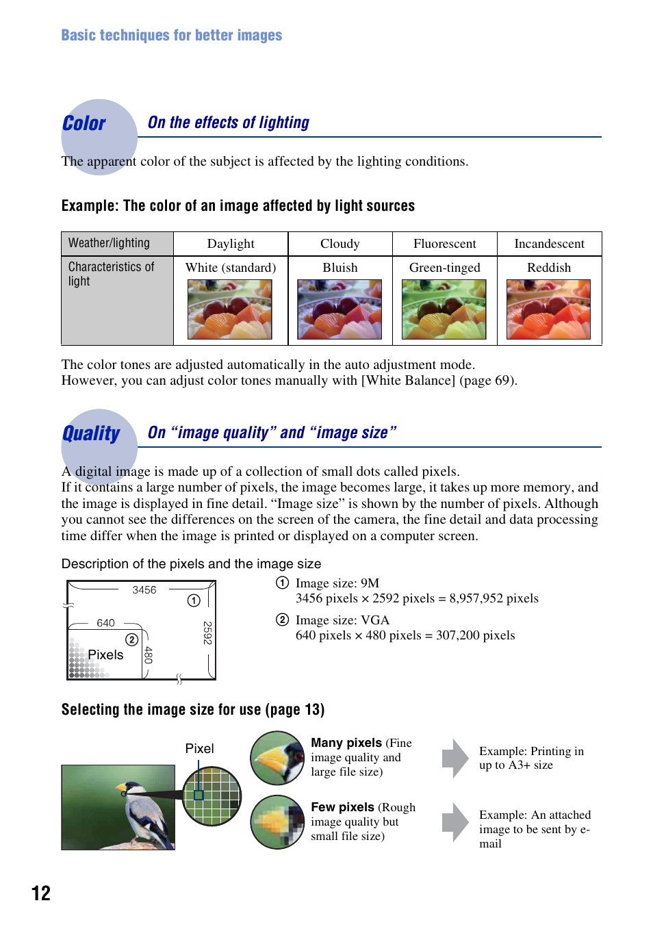 Color, Quality | Sony Cyber-shot 3-295-460-12(1) User Manual | Page 12 / 154