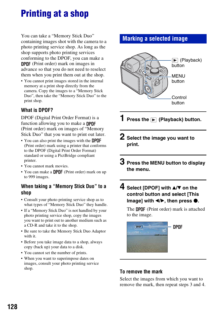 Printing at a shop, Marking a selected image | Sony Cyber-shot 3-295-460-12(1) User Manual | Page 128 / 154