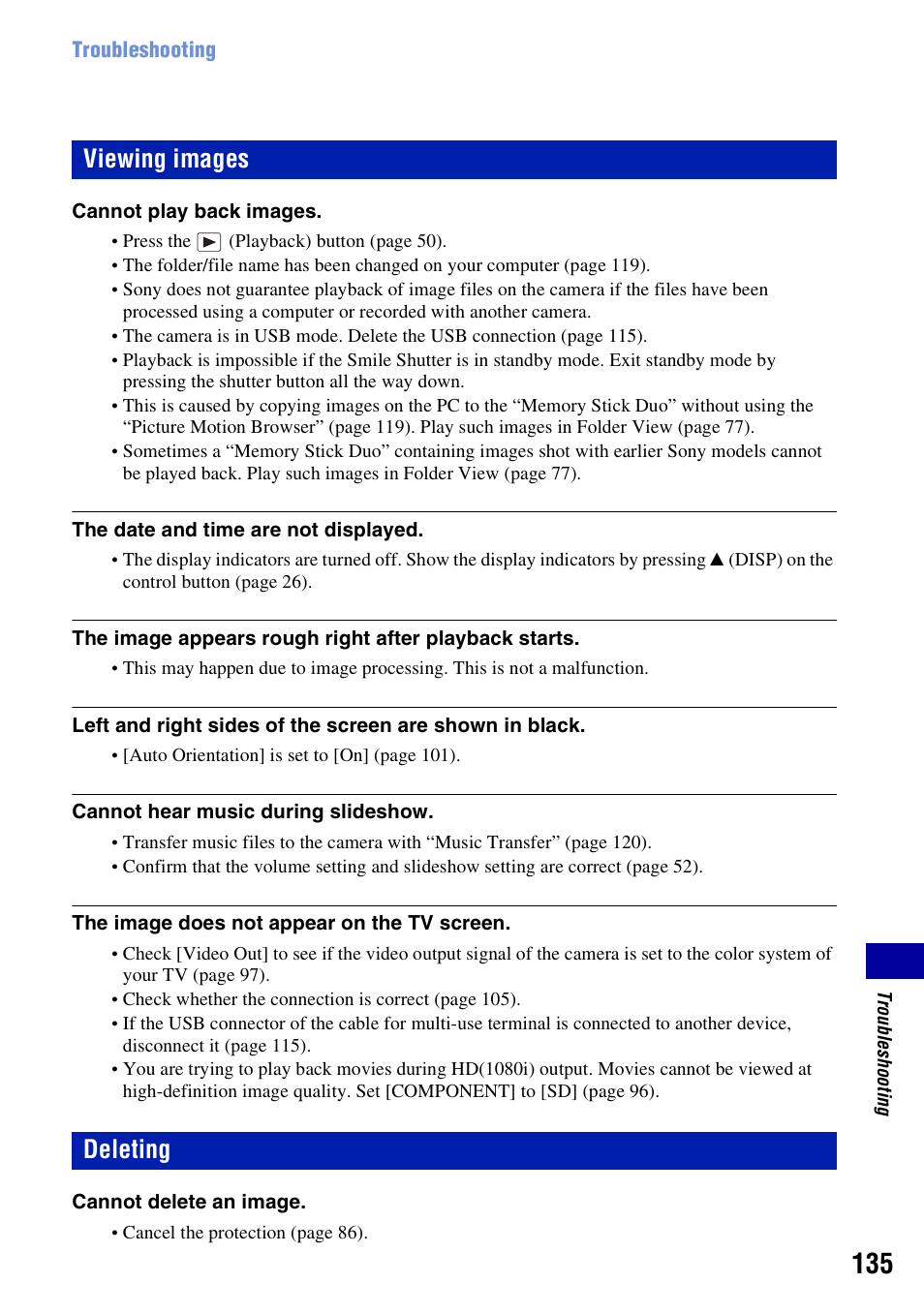 Viewing images, Deleting, Viewing images deleting | Sony Cyber-shot 3-295-460-12(1) User Manual | Page 135 / 154