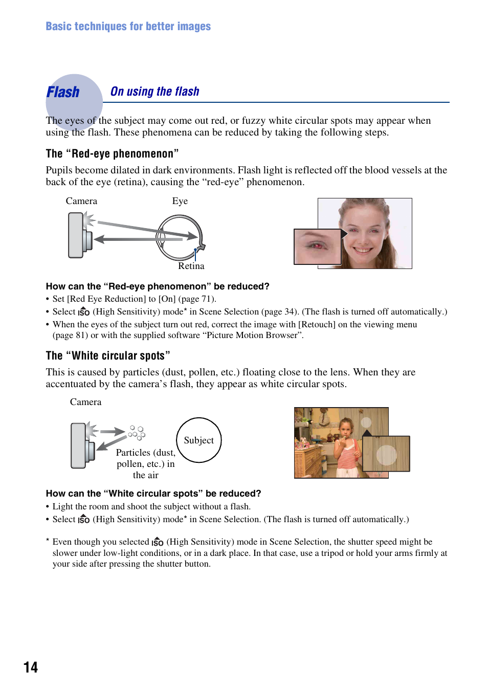 Flash, Flash – on using the flash | Sony Cyber-shot 3-295-460-12(1) User Manual | Page 14 / 154