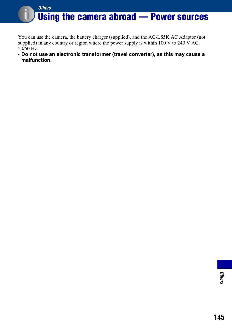 Others, Using the camera abroad - power sources, Using the camera abroad — power sources | Sony Cyber-shot 3-295-460-12(1) User Manual | Page 145 / 154