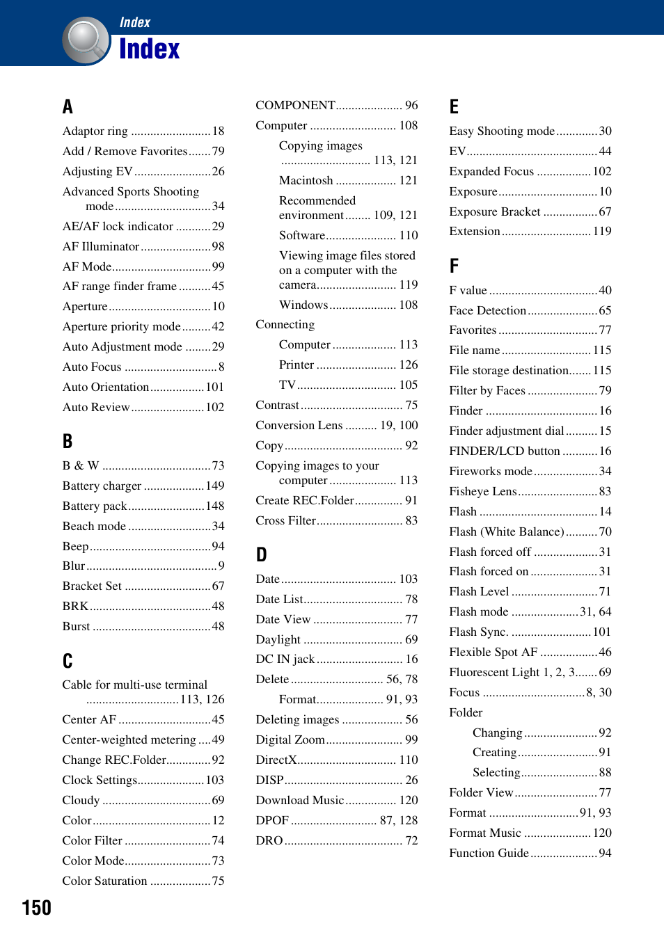 Index | Sony Cyber-shot 3-295-460-12(1) User Manual | Page 150 / 154