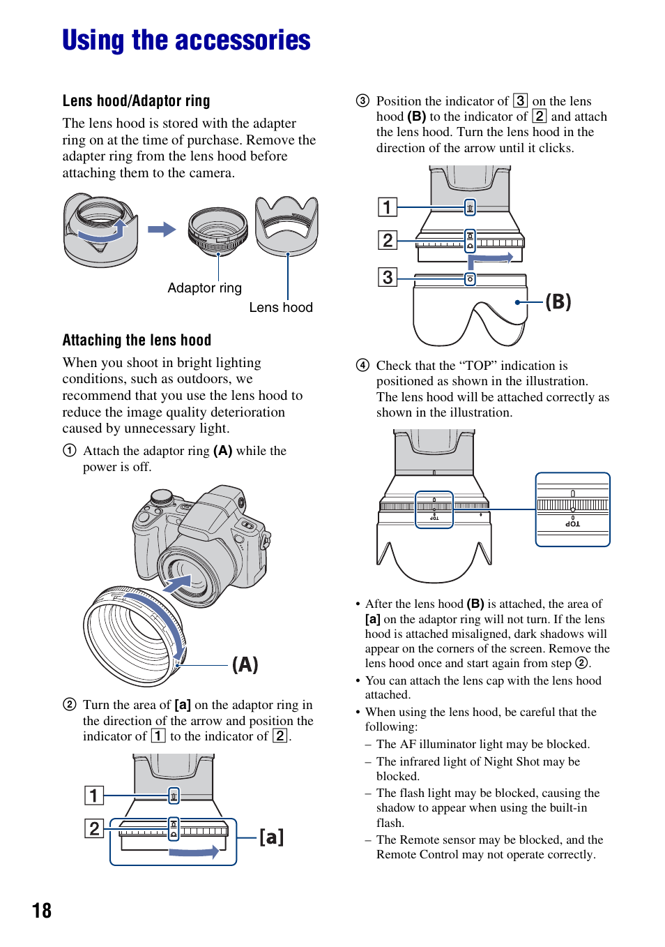 Using the accessories, Lens hood/adaptor ring, Attaching the lens hood | Lens hood/adaptor ring attaching the lens hood | Sony Cyber-shot 3-295-460-12(1) User Manual | Page 18 / 154