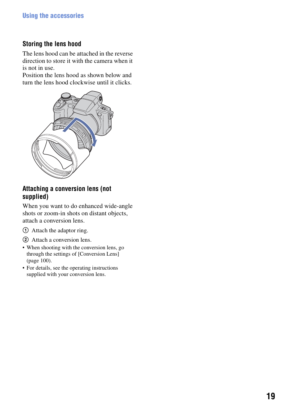 Storing the lens hood, Attaching a conversion lens (not supplied) | Sony Cyber-shot 3-295-460-12(1) User Manual | Page 19 / 154