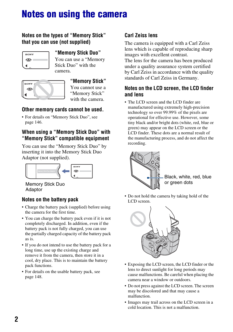 Notes on using the camera | Sony Cyber-shot 3-295-460-12(1) User Manual | Page 2 / 154