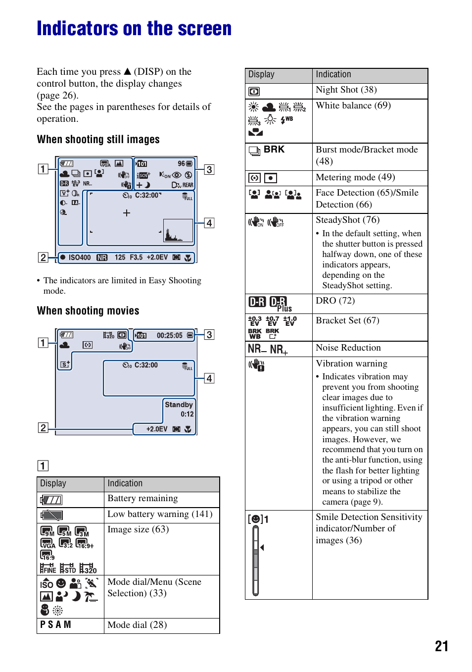 Indicators on the screen | Sony Cyber-shot 3-295-460-12(1) User Manual | Page 21 / 154