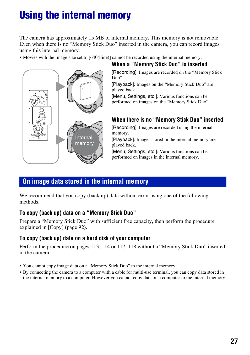 Using the internal memory | Sony Cyber-shot 3-295-460-12(1) User Manual | Page 27 / 154