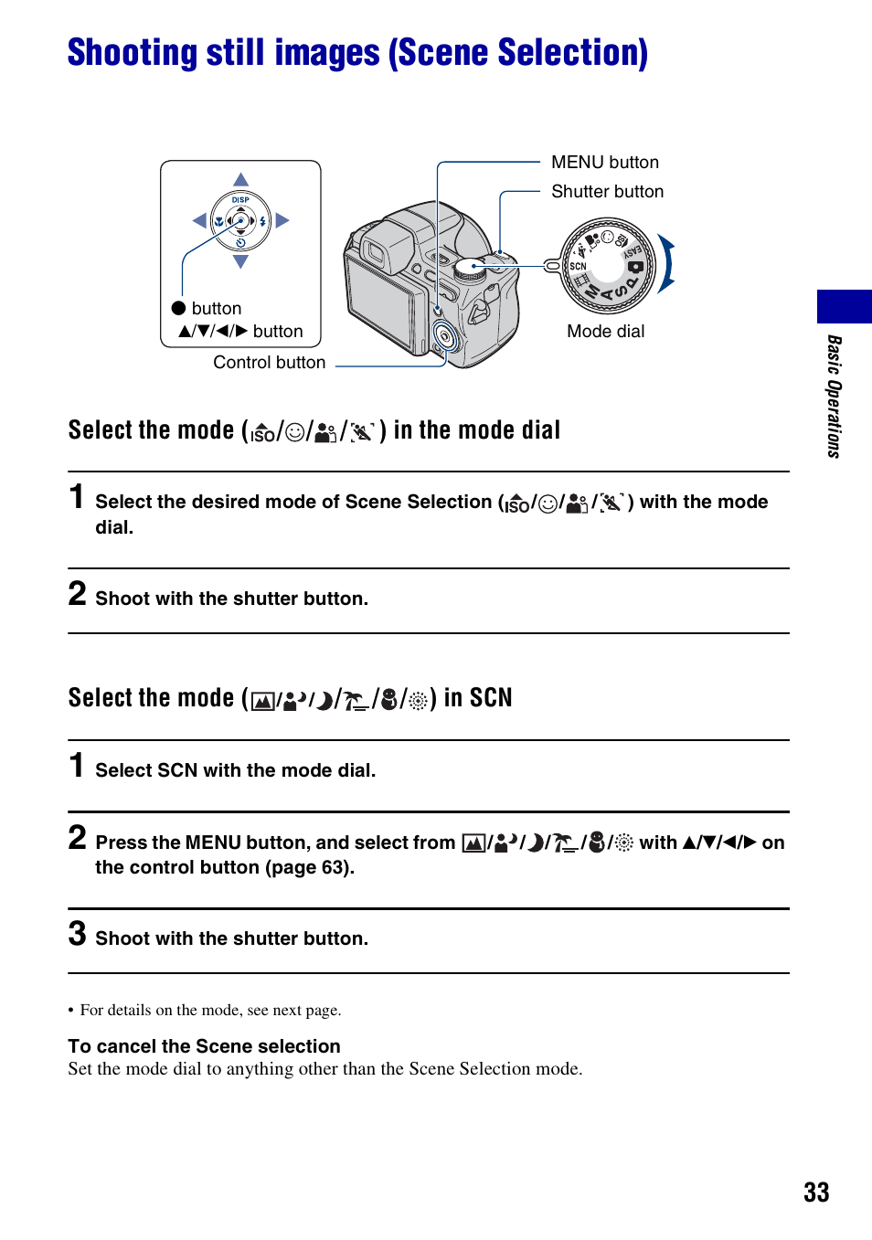 Shooting still images (scene selection), Select the mode ( / / / ) in the mode dial, Select the mode | Sony Cyber-shot 3-295-460-12(1) User Manual | Page 33 / 154