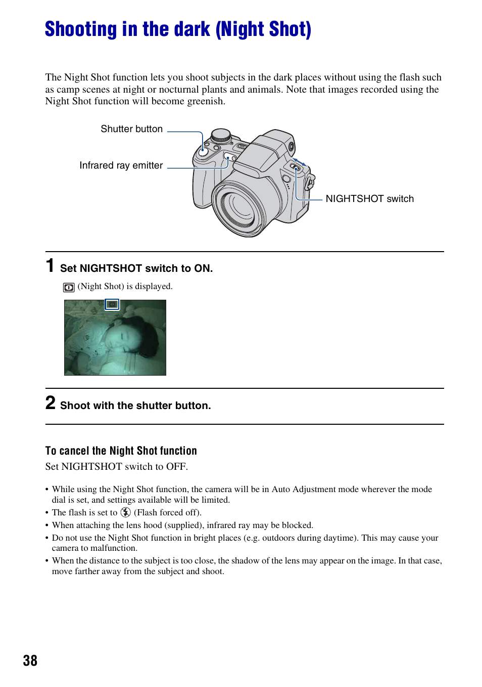 Shooting in the dark (night shot) | Sony Cyber-shot 3-295-460-12(1) User Manual | Page 38 / 154