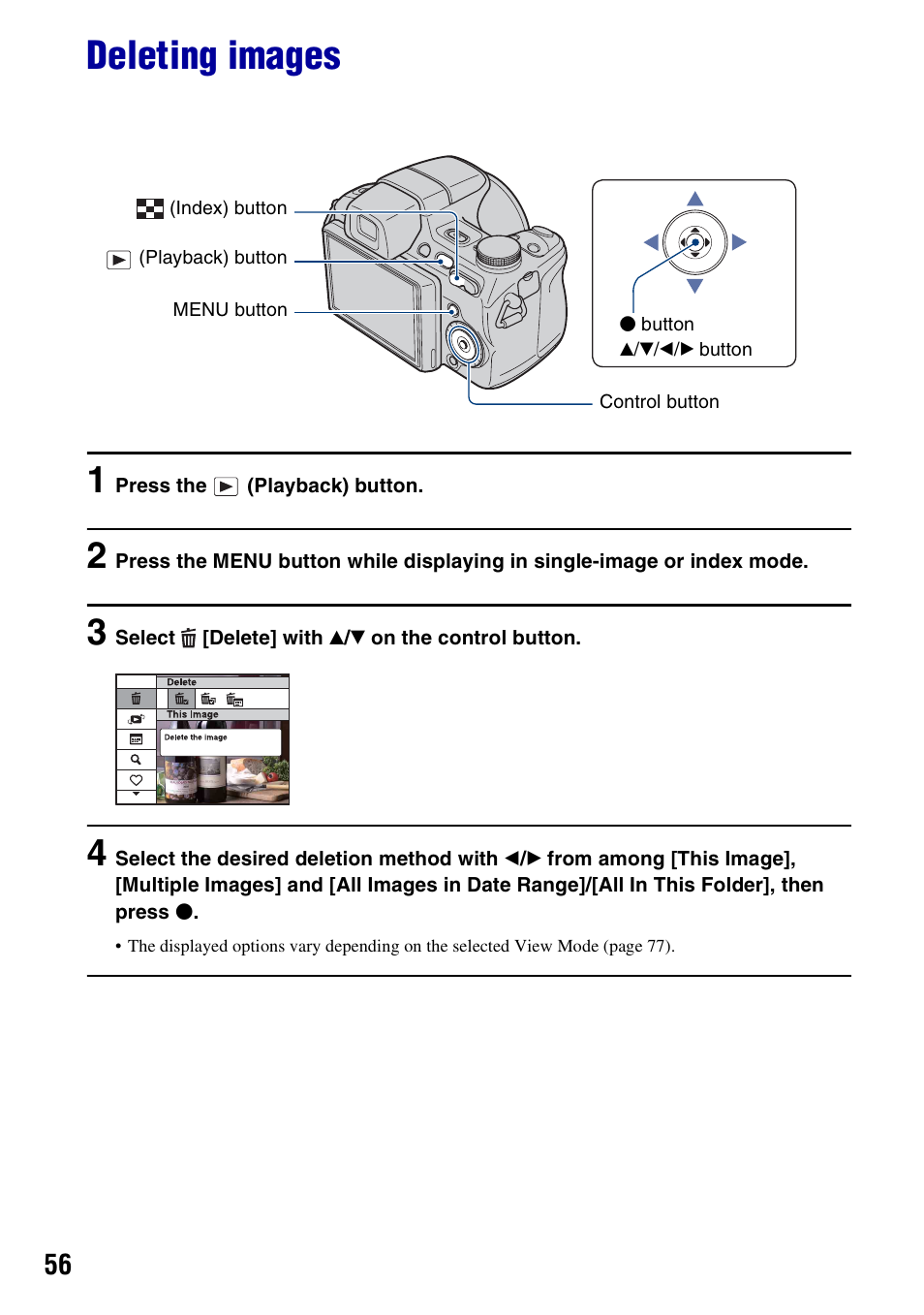 Deleting images | Sony Cyber-shot 3-295-460-12(1) User Manual | Page 56 / 154