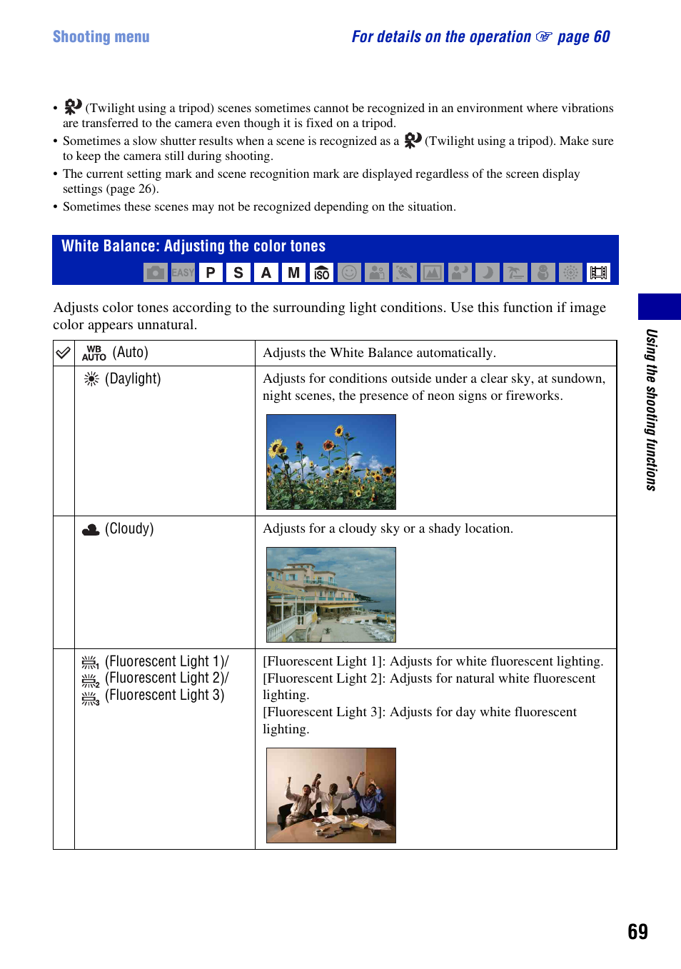 White balance: adjusting the color tones | Sony Cyber-shot 3-295-460-12(1) User Manual | Page 69 / 154