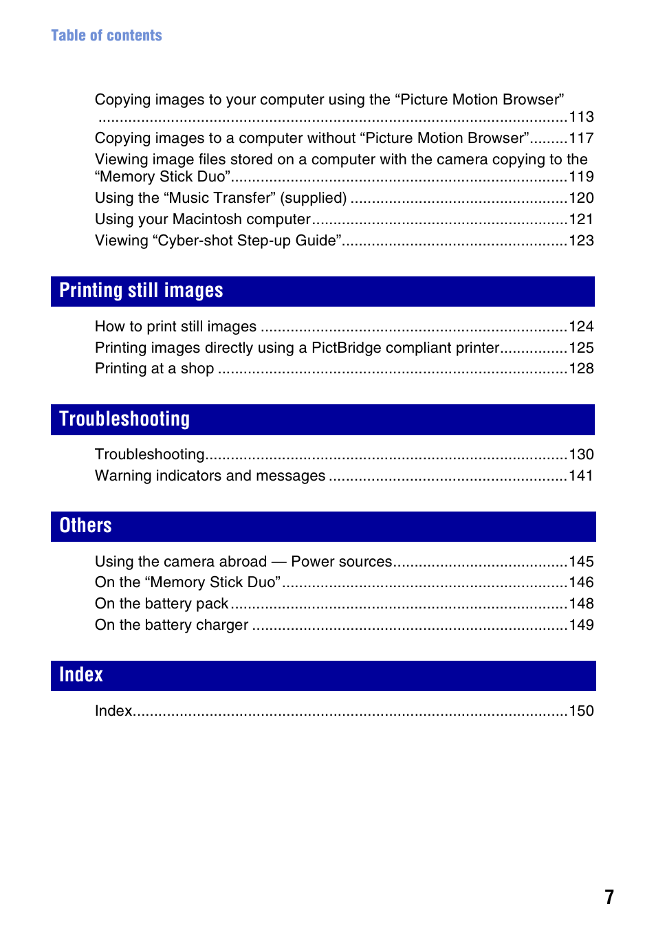 Printing still images troubleshooting others index | Sony Cyber-shot 3-295-460-12(1) User Manual | Page 7 / 154