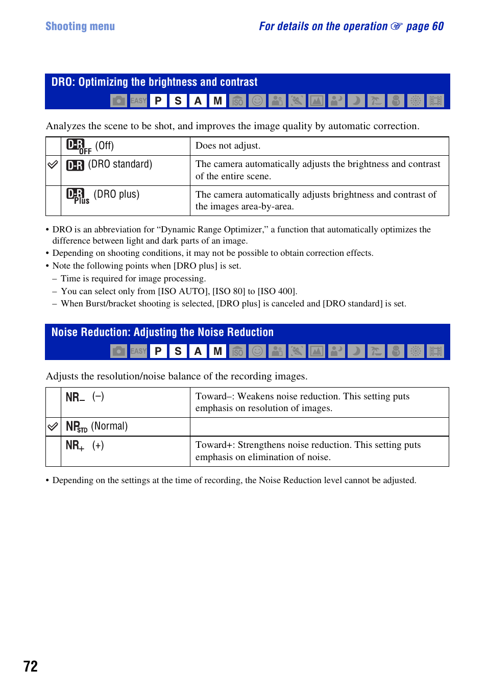 Dro: optimizing the brightness and contrast, Noise reduction: adjusting the noise reduction, O (72) | Sony Cyber-shot 3-295-460-12(1) User Manual | Page 72 / 154
