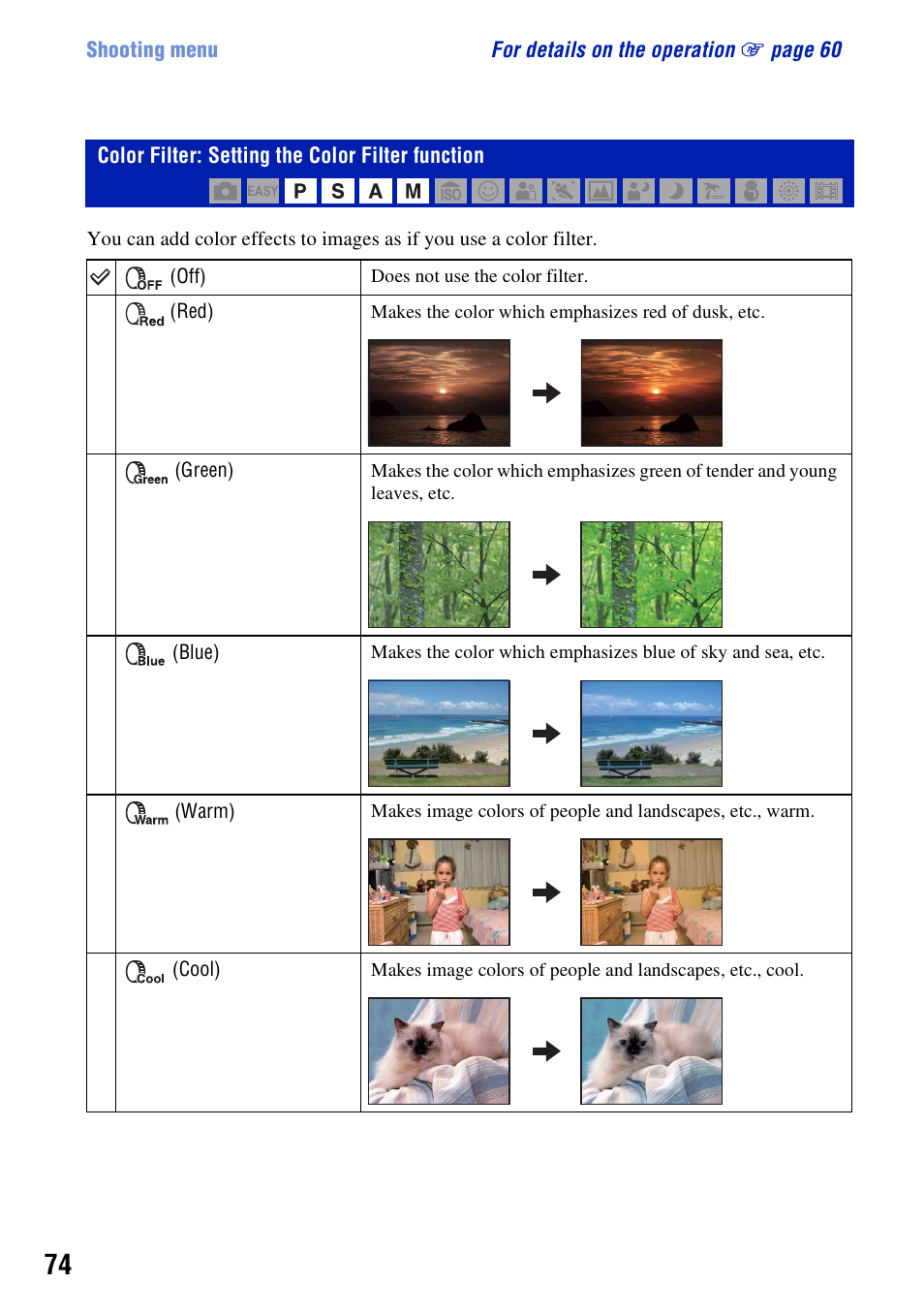 Color filter: setting the color filter function | Sony Cyber-shot 3-295-460-12(1) User Manual | Page 74 / 154