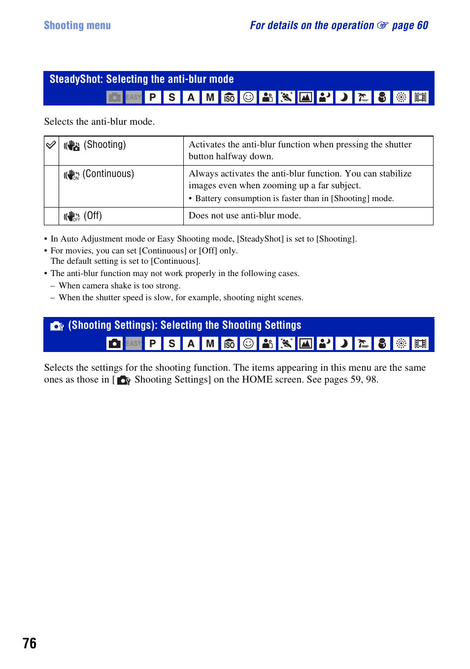 Steadyshot: selecting the anti-blur mode | Sony Cyber-shot 3-295-460-12(1) User Manual | Page 76 / 154