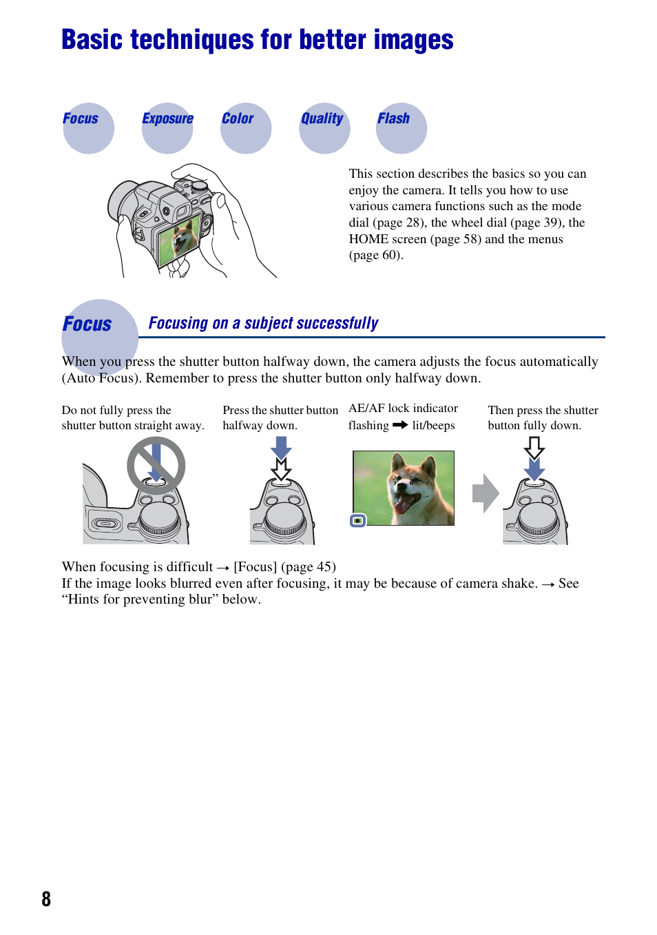 Basic techniques for better images, Focus, Focusing on a subject successfully | Sony Cyber-shot 3-295-460-12(1) User Manual | Page 8 / 154