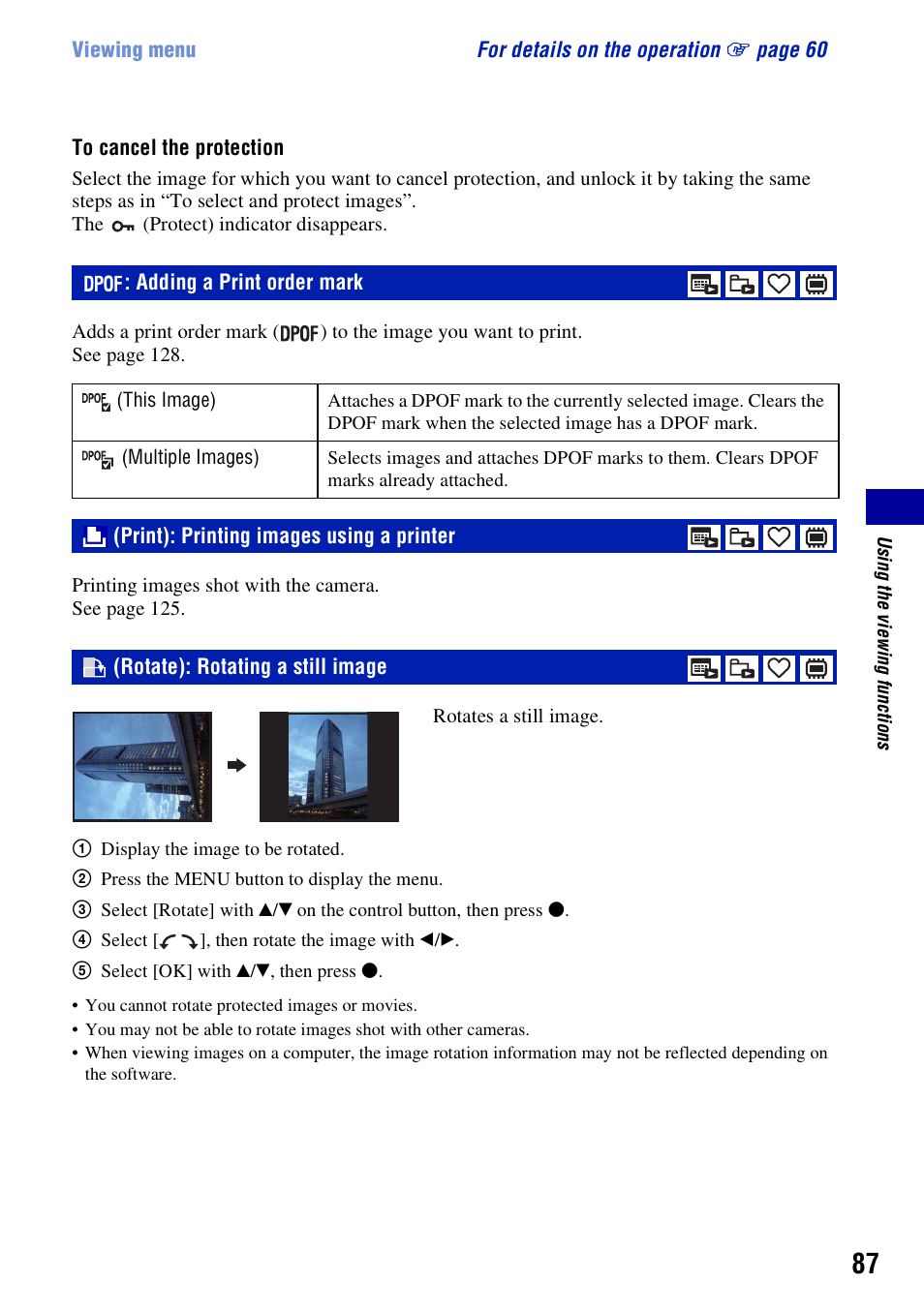 Dpof: adding a print order mark, Print): printing images using a printer, Rotate): rotating a still image | Adding a print order mark | Sony Cyber-shot 3-295-460-12(1) User Manual | Page 87 / 154