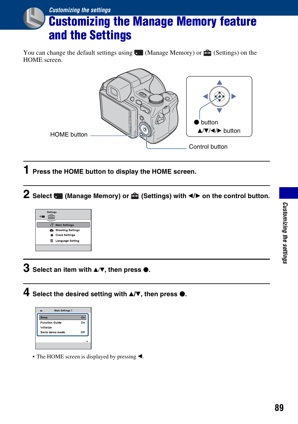 Customizing the settings | Sony Cyber-shot 3-295-460-12(1) User Manual | Page 89 / 154