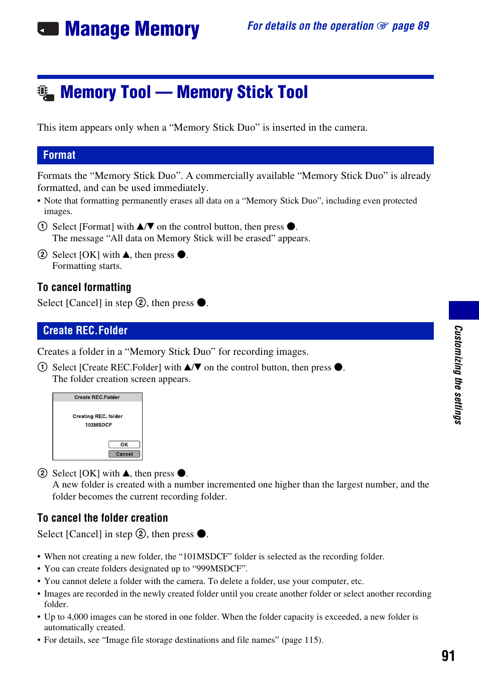 Manage memory, Memory tool - memory stick tool, Format | Create rec.folder, Memory tool — memory stick tool | Sony Cyber-shot 3-295-460-12(1) User Manual | Page 91 / 154
