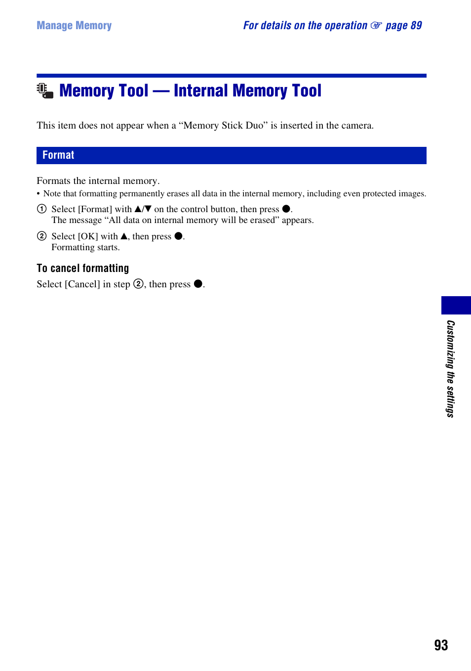 Memory tool - internal memory tool, Format, Memory tool — internal memory tool | Sony Cyber-shot 3-295-460-12(1) User Manual | Page 93 / 154