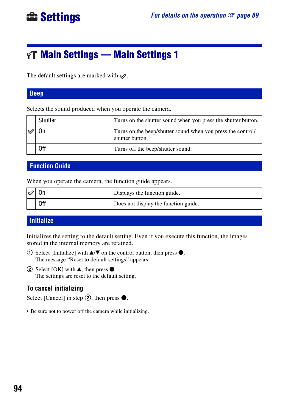 Settings, Main settings - main settings 1, Beep | Function guide, Initialize, Main settings — main settings 1 | Sony Cyber-shot 3-295-460-12(1) User Manual | Page 94 / 154